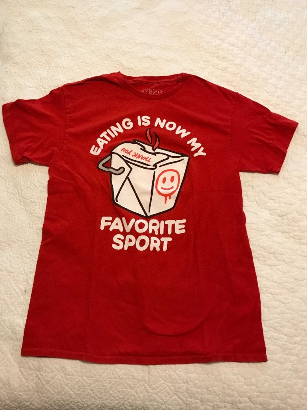 Hybrid red “Eating is now my favorite sport” short sleeve shirt with cartoon (M)